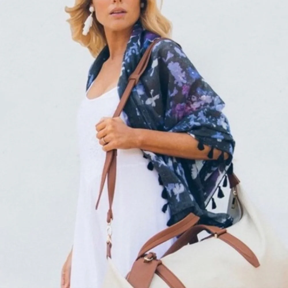 Peter Som Dream Floral Print beach fringe Sarong in Meteorite Black Blue